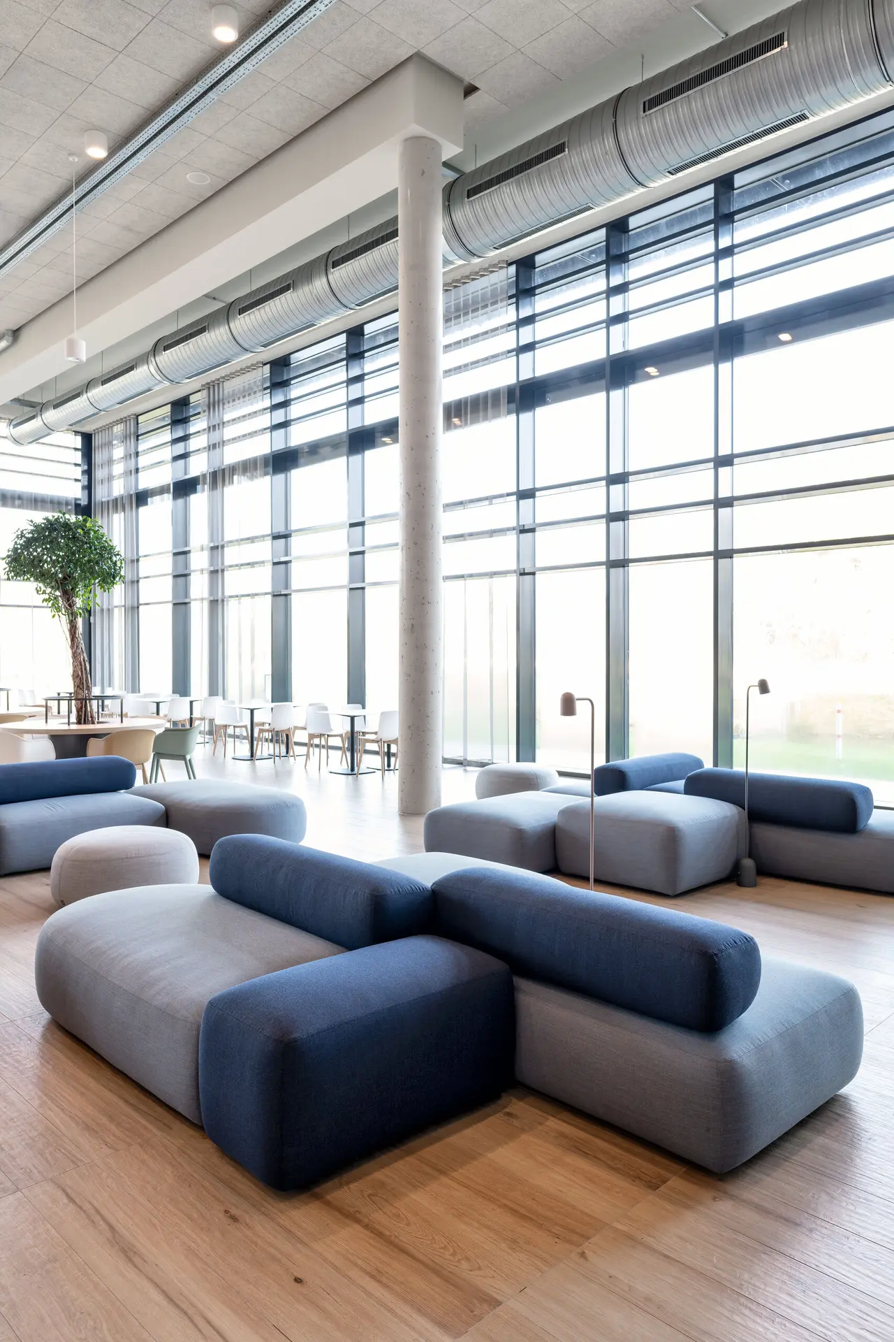 Öffentlicher Aufenthaltsbereich mit Softseating, Schalensesseln und Tischen mit Bäumen.